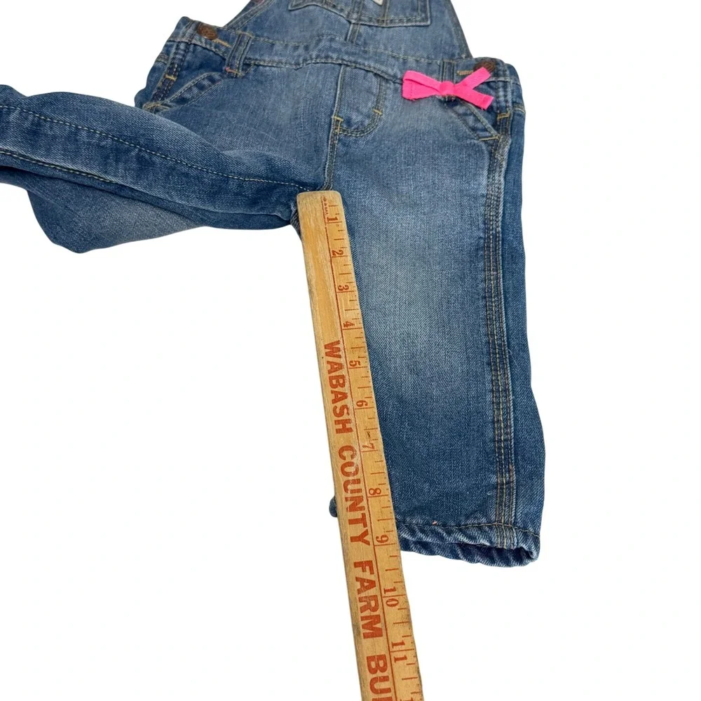 OshKosh Bgosh Baby Girls 9M Fleece Lined Blue Denim Overalls Pink Bow Detail